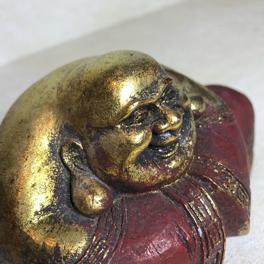 Medium Smiling/Laughing and Sitting Buddha in Gold/Red Collectible - Picture 6 of 11